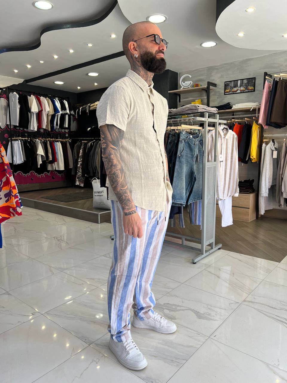 Pantalone a righe Lino